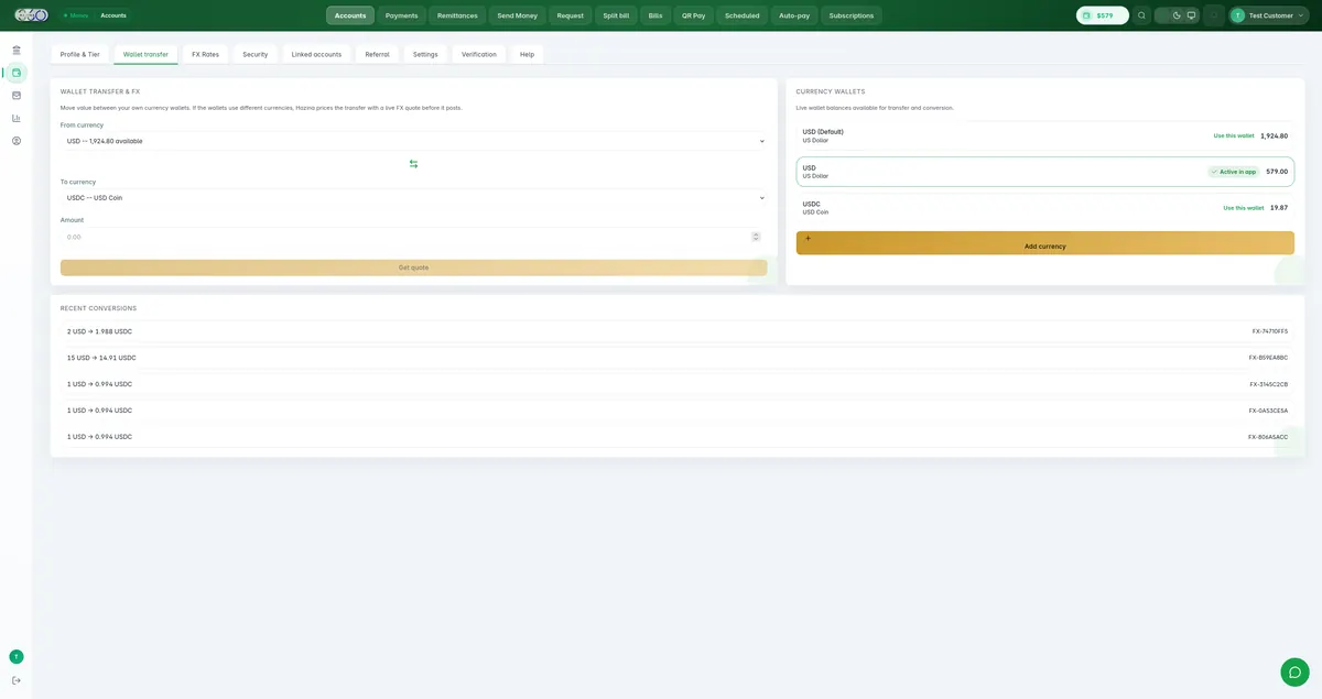 Hazina workspace — Wallet transfer & FX